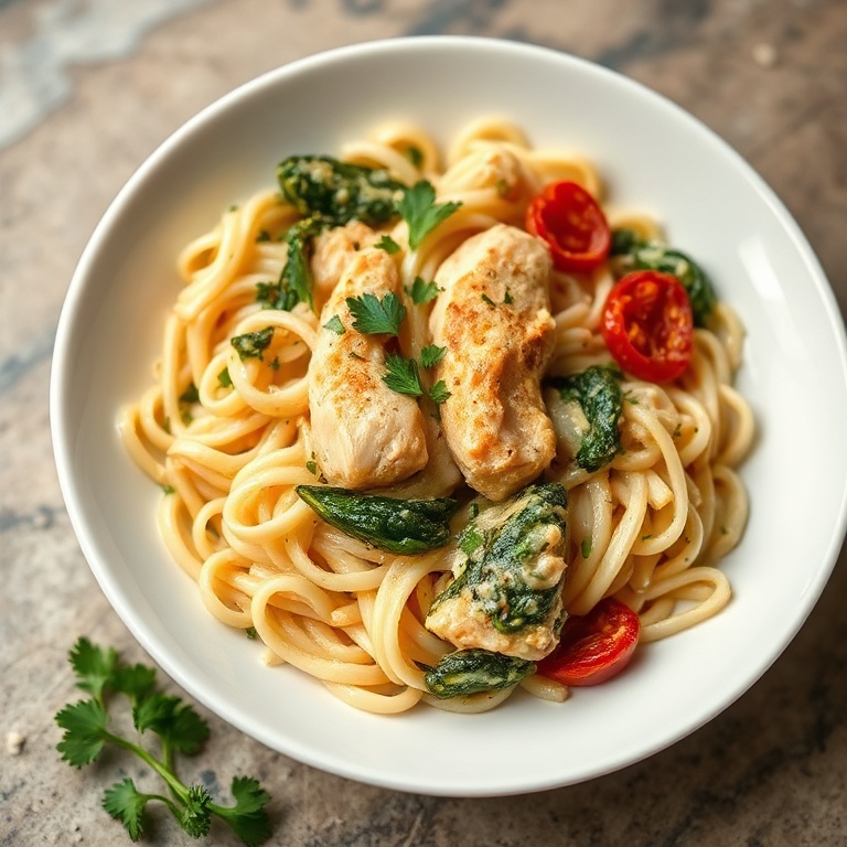 One serving of creamy chicken orzo in a white pasta bowl, garnished with chopped parsley, close up on creamy texture and colors.