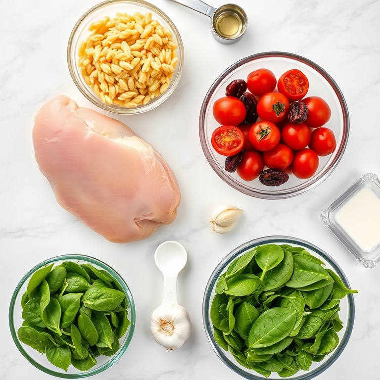 Flat lay of raw chicken breast, dry orzo, sun-dried tomatoes, fresh spinach, and garlic arranged with measuring cups and bowls.