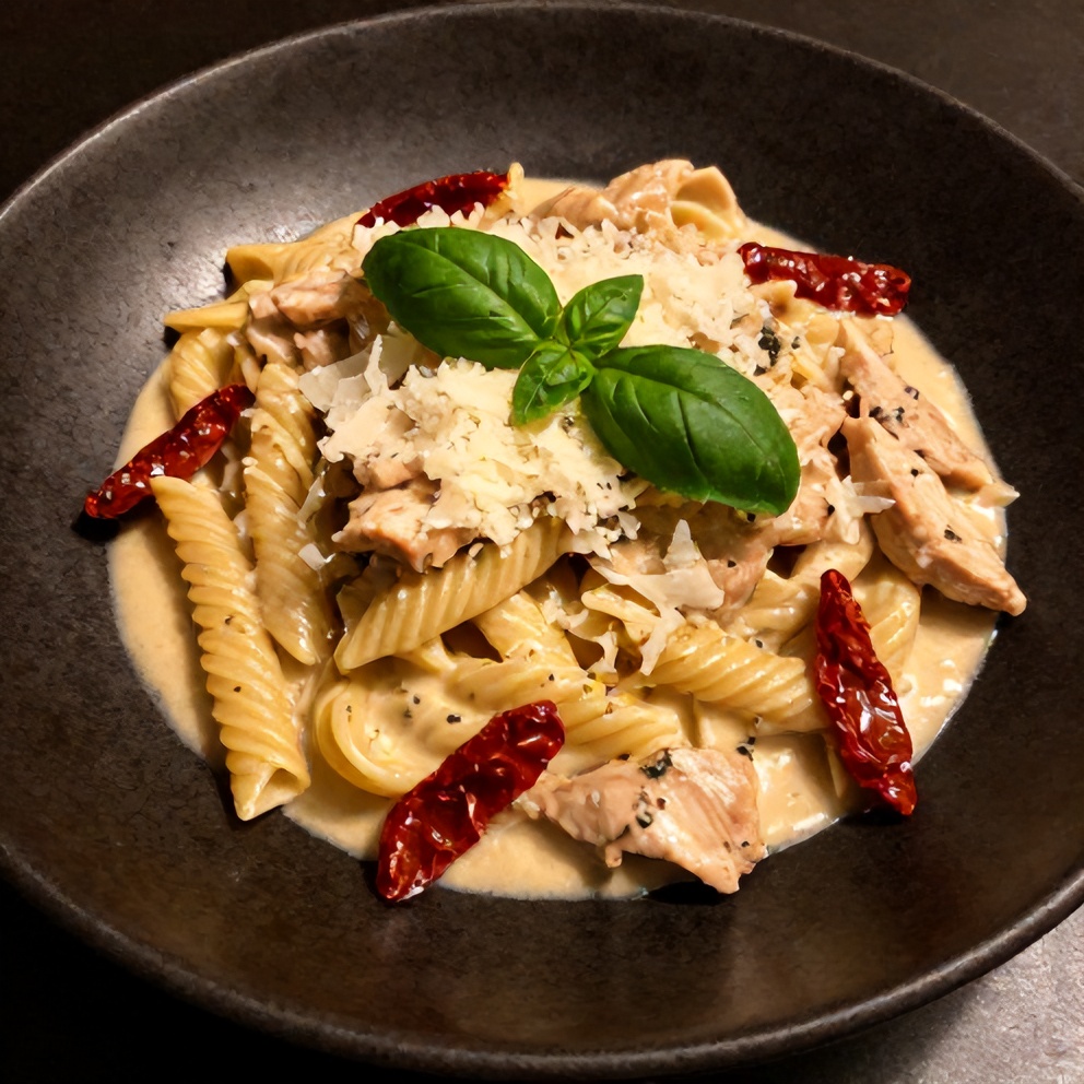 Plated Creamy Chicken Pasta with Sun-Dried Tomatoes