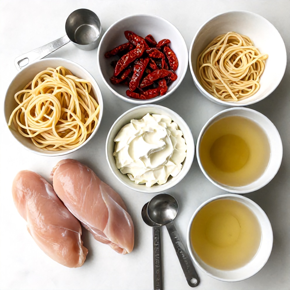 Ingredients for Creamy Chicken Pasta with Sun-Dried Tomatoes