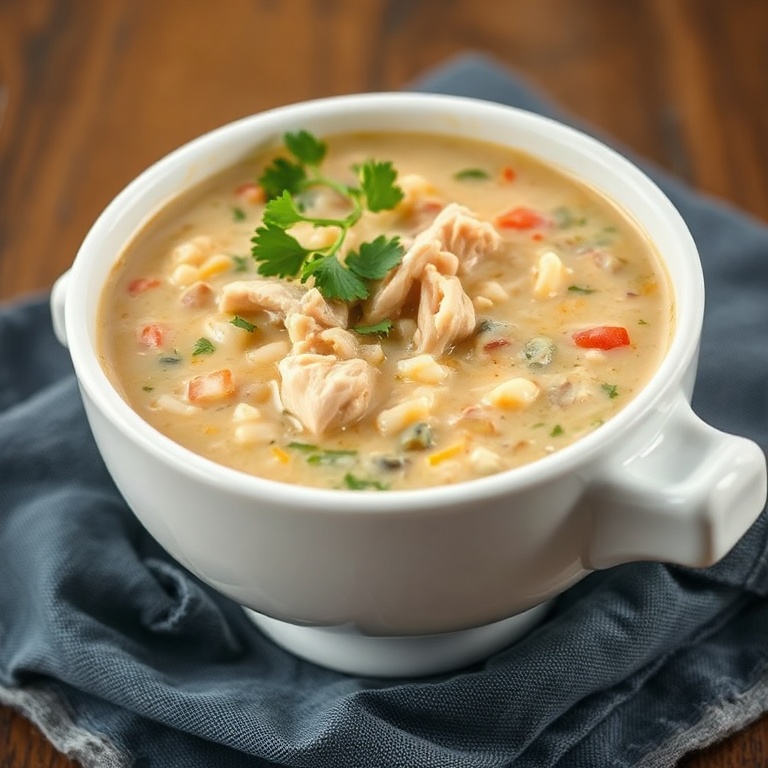 A steaming bowl of creamy chicken wild rice soup garnished with fresh parsley, served in a white ceramic bowl. Soup fills most of the frame; texture of tender chicken, visible wild rice, and creamy broth stands out under warm lighting.