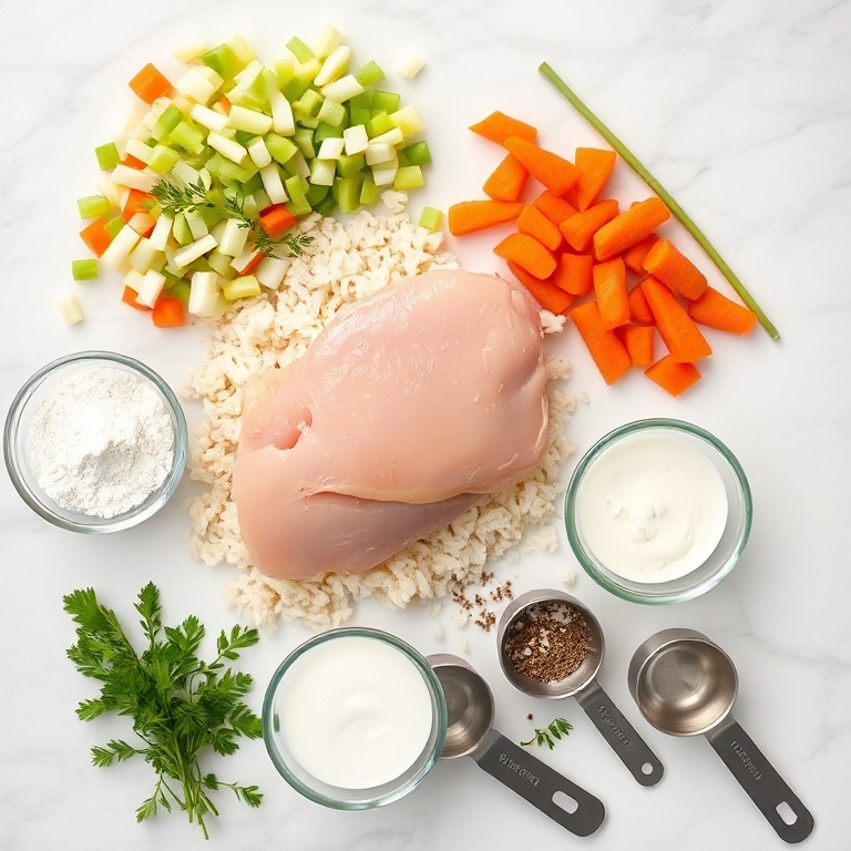 Overhead flat lay showing raw chicken breast, uncooked wild rice, diced carrots, celery stalks, yellow onion, prepping bowls, measuring spoons, and cups on a white marble surface with bright lighting.