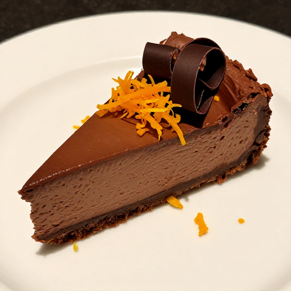 Sliced chocolate orange cheesecake on a plate, garnished with fresh orange zest and dark chocolate curls