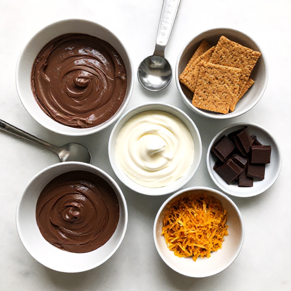 Raw ingredients for chocolate orange cheesecake: cream cheese, sour cream, heavy cream, orange zest, dark chocolate, graham crackers