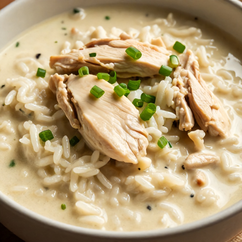 One perfect serving of Creamy Coconut Chicken Brothy Rice plated on a shallow bowl, garnished with green onions, showing creamy broth and tender chicken.
