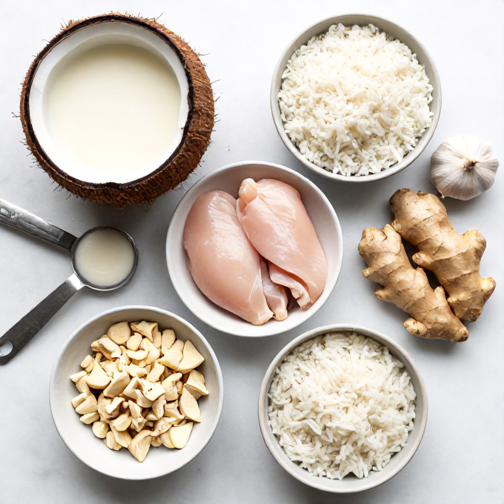Overhead flat lay of coconut milk, chicken breasts, rice, garlic, ginger, and other ingredients for Creamy Coconut Chicken Brothy Rice. White marble surface, bright even light.