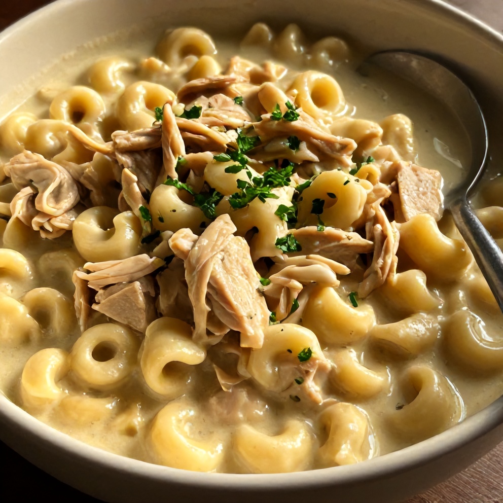 Plated serving of Creamy Crockpot Chicken Tortellini with a sprinkle of fresh parsley