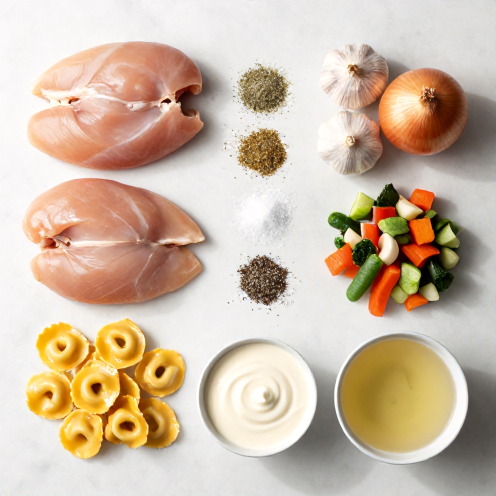 Raw ingredients for Crockpot Chicken Tortellini including chicken breasts, cheese tortellini, and vegetables