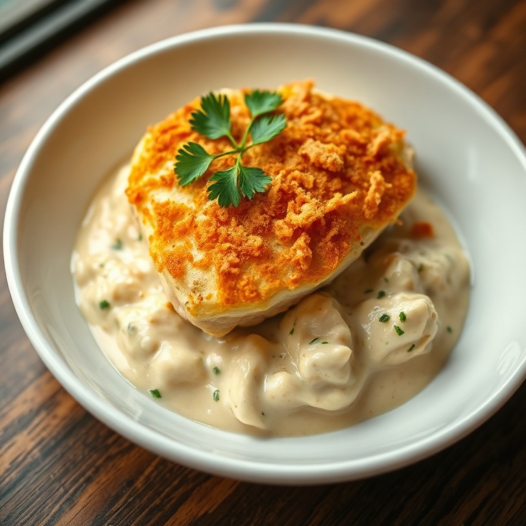 A perfectly plated serving of creamy chicken with a crispy topping. Garnished with parsley. Served in a white ceramic bowl. Warm lighting highlights texture.