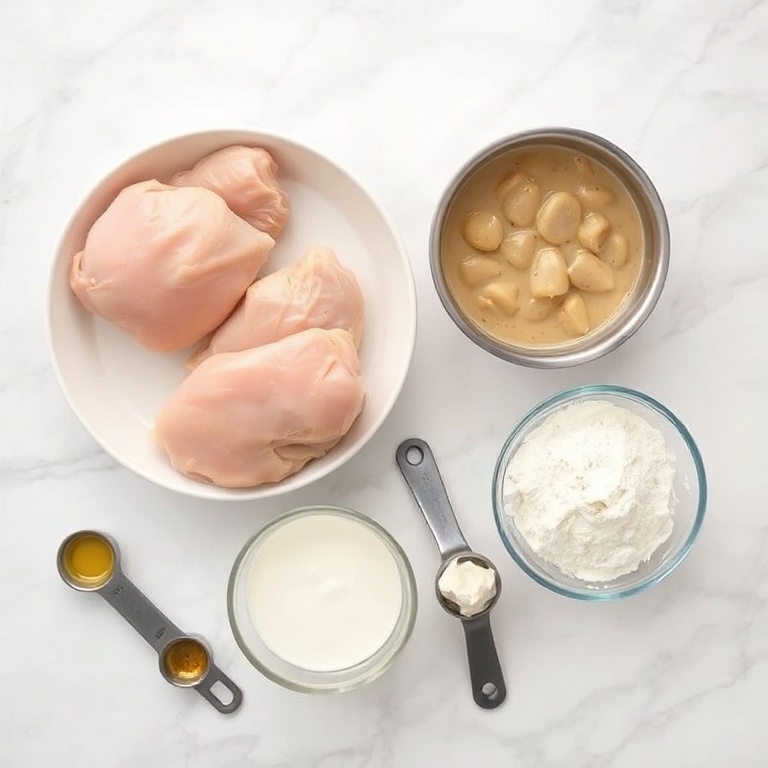 Raw ingredients for creamy chicken: chicken thighs, cream of mushroom soup, flour, paprika, garlic. Measuring spoons and bowls in a white marble setting.