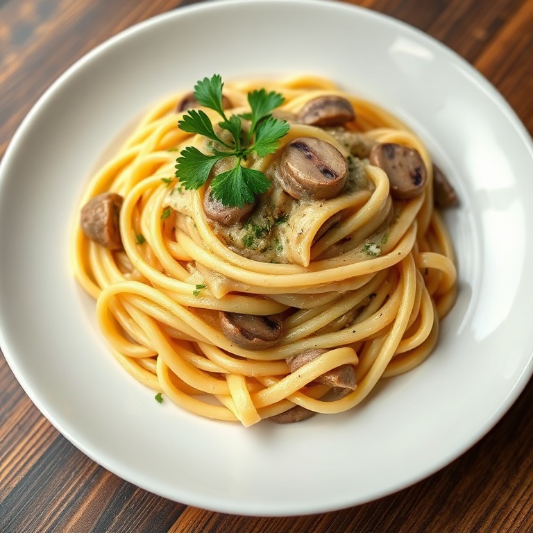 One perfect serving of creamy garlic mushroom pasta. Topped with fresh parsley. White ceramic plate. Warm side lighting highlighting texture. Photorealistic food photography style.