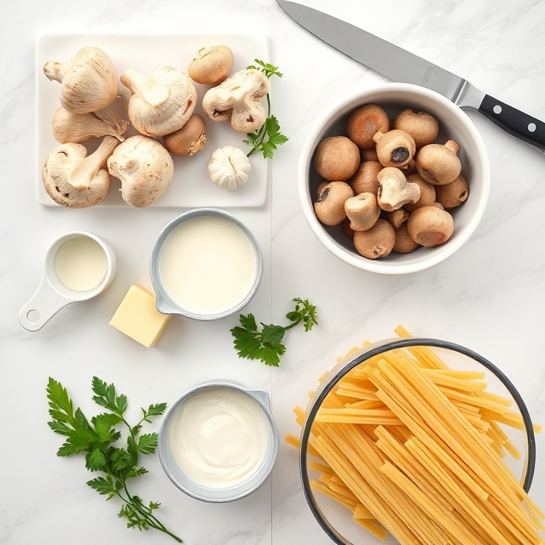 Overhead flat lay of the raw ingredients. Fresh mushrooms, garlic, butter, heavy cream, and pasta. Measuring cups, a chef's knife, and a mixing bowl. White marble surface. Bright even light. Photorealistic overhead food photography.