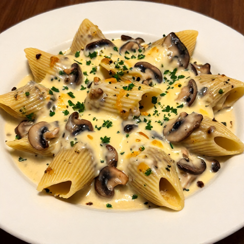 Creamy Garlic Mushroom Stuffed Shells on a white plate with chopped parsley