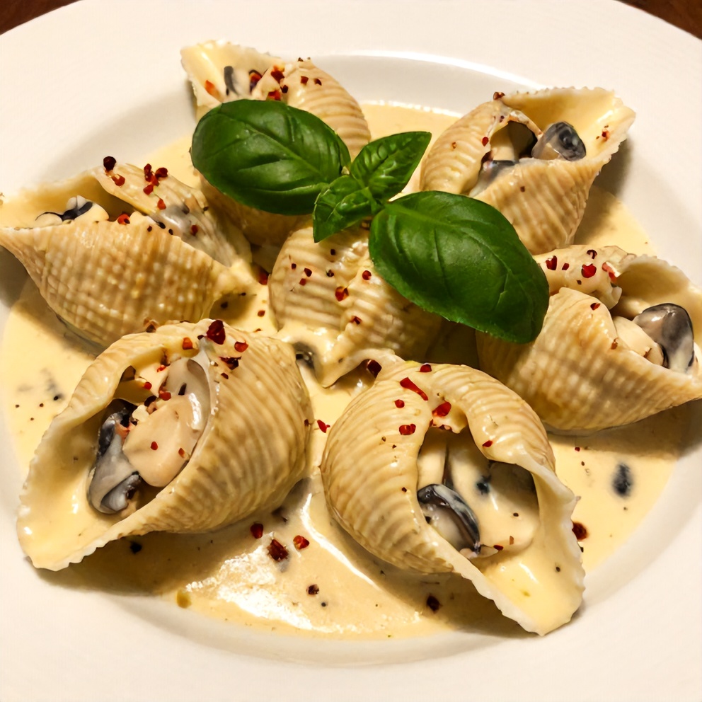 A single serving of creamy garlic mushroom stuffed shells on a plate
