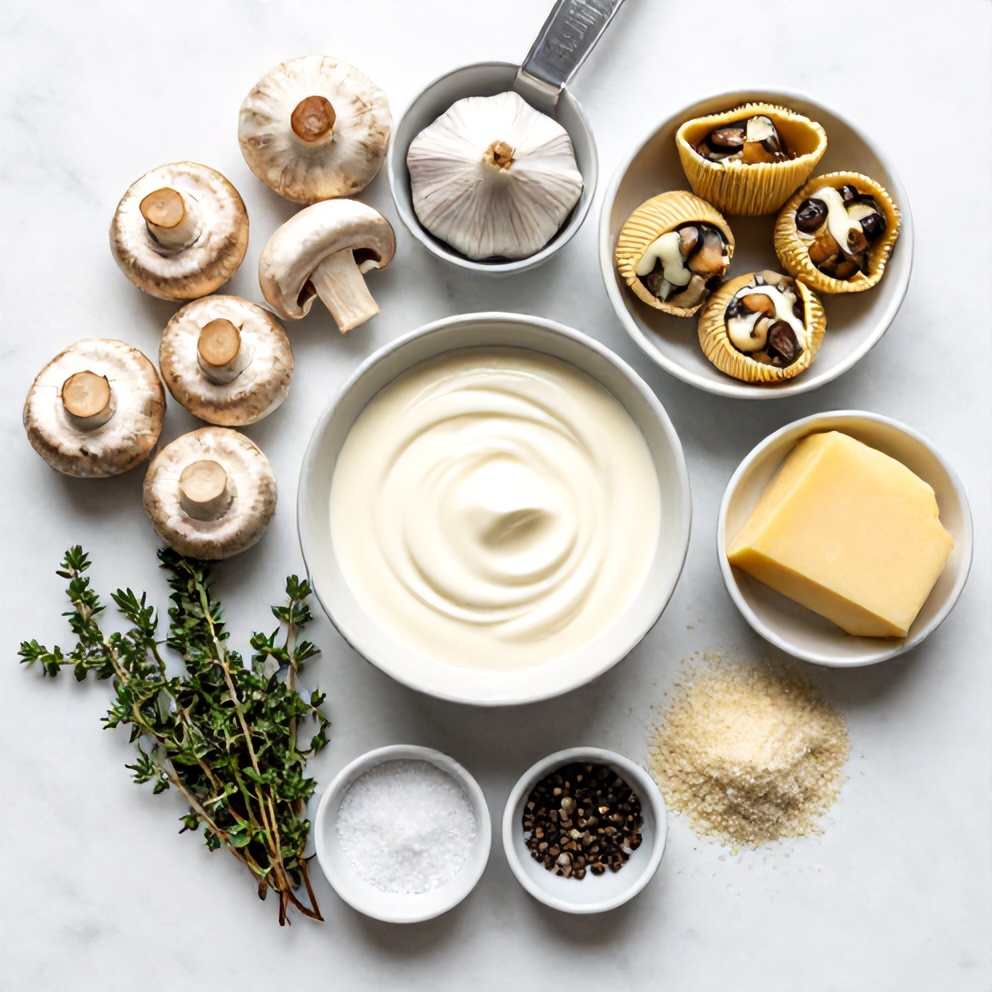 Raw ingredients for Creamy Garlic Mushroom Stuffed Shells on a white marble surface