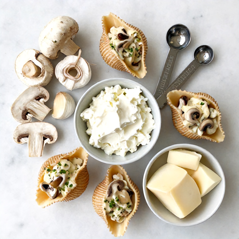 Raw ingredients for creamy garlic mushroom stuffed shells on a marble surface