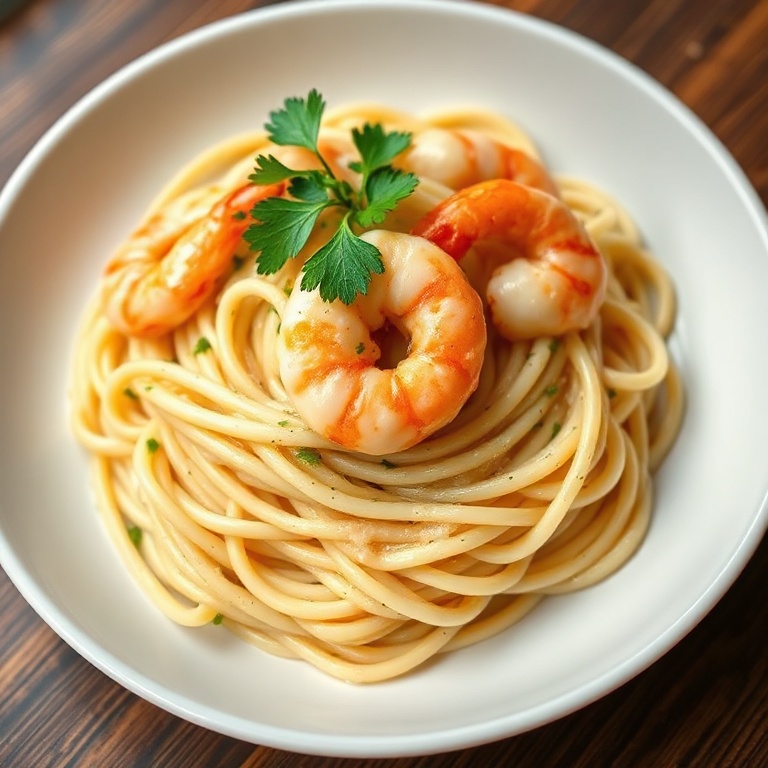 Creamy Garlic Shrimp Pasta topped with fresh parsley on a white plate