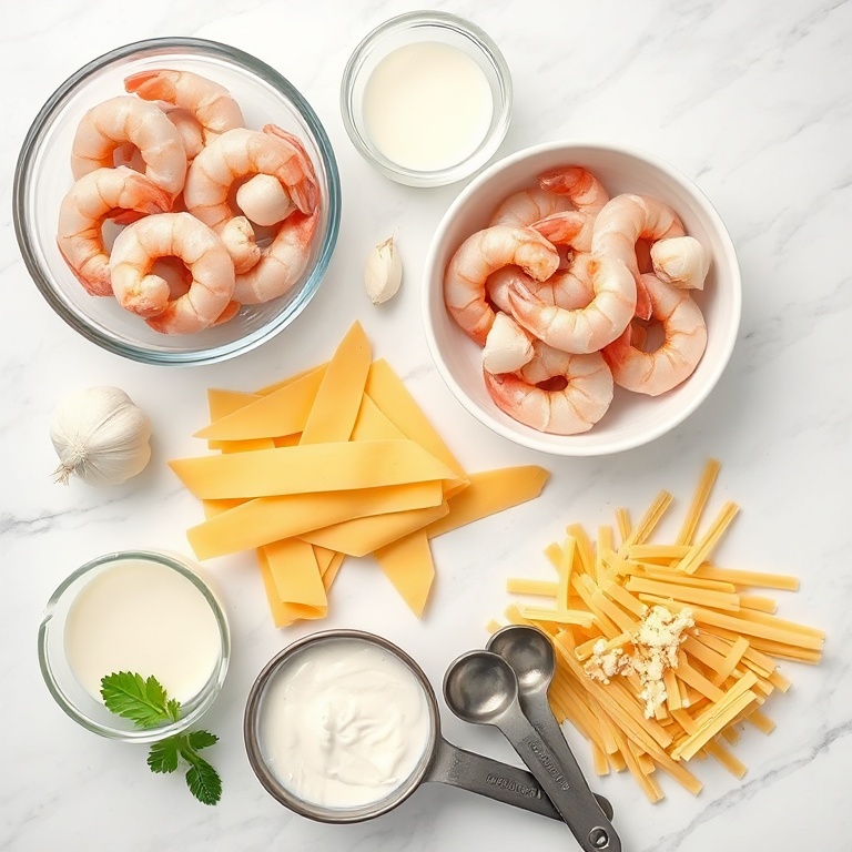 Raw shrimp, garlic, cream of mushroom soup, pasta, and Parmesan arranged in a flat lay