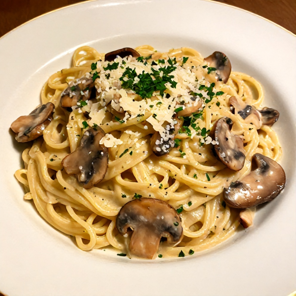 Plated Creamy Gorgonzola Truffle Mushroom Sauce Pasta