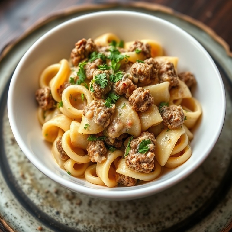 One serving of creamy ground beef orecchiette pasta topped with fresh parsley on a white shallow bowl, sauce coating every bite.