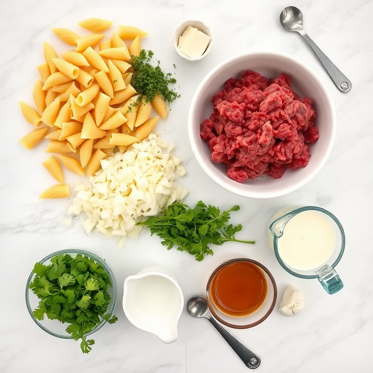 Overhead shot of raw orecchiette, ground beef, heavy cream, onion, fresh parsley, garlic in bowls on white marble. Measuring spoons and cups visible.