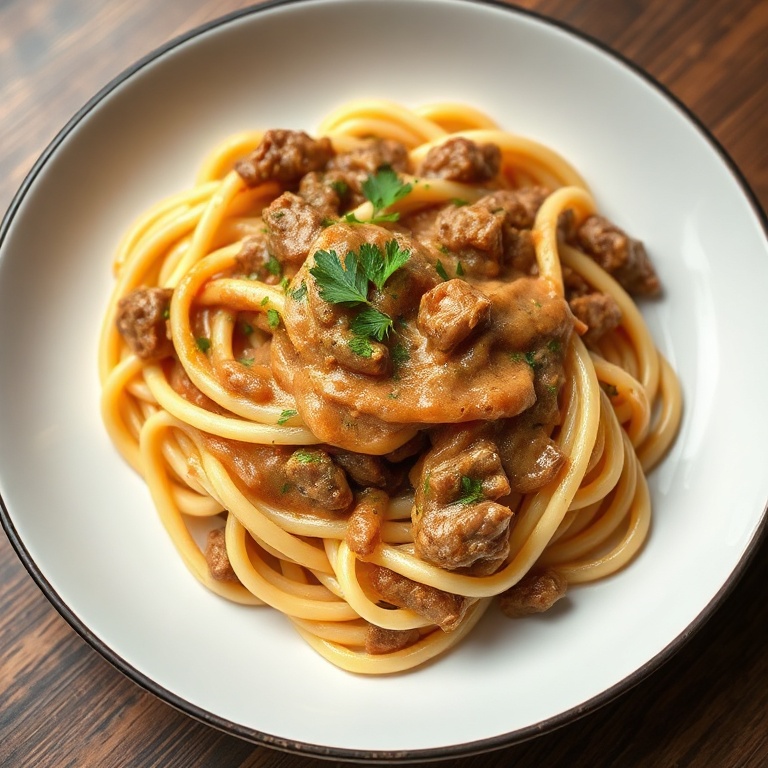 A plate of creamy high protein beef pasta with a sprinkle of fresh parsley. The rich sauce glistens and the pasta is perfectly cooked.