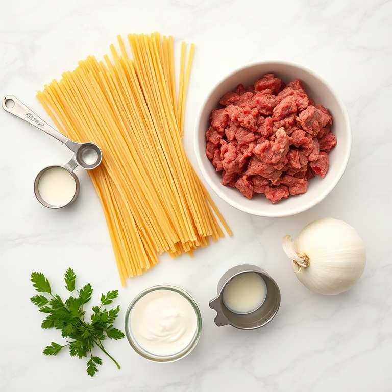 Raw ingredients for creamy high protein beef pasta: ground beef, pasta, heavy cream, garlic, onion, and Parmesan cheese. Measuring tools and bowls nearby.