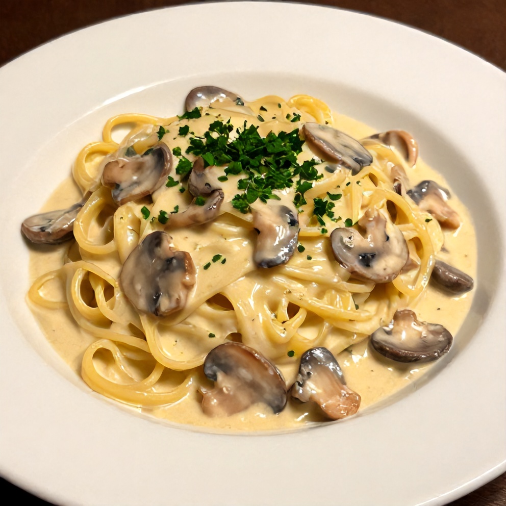 One perfect plated serving of Creamy Italian Mushroom Carbonara on a white plate, garnished with fresh parsley