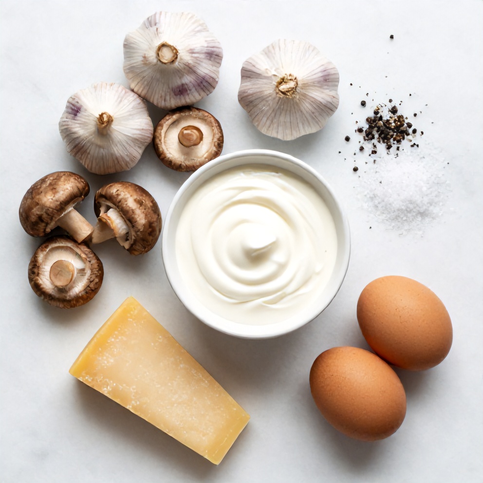 Overhead flat lay of raw ingredients including garlic, mushrooms, heavy cream, and parmesan cheese, arranged on a white marble surface