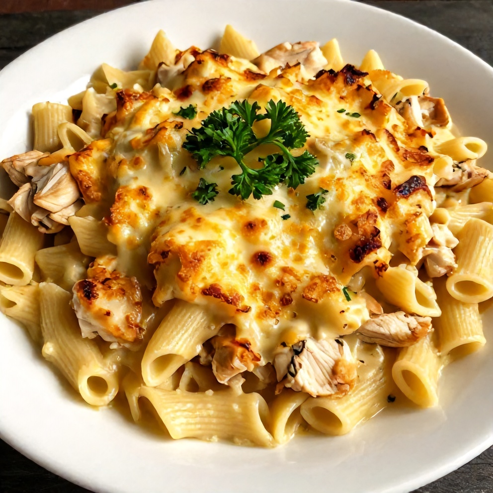 Plated serving of Creamy Lemon Chicken Pasta Bake with crispy cheese edges and fresh parsley garnish