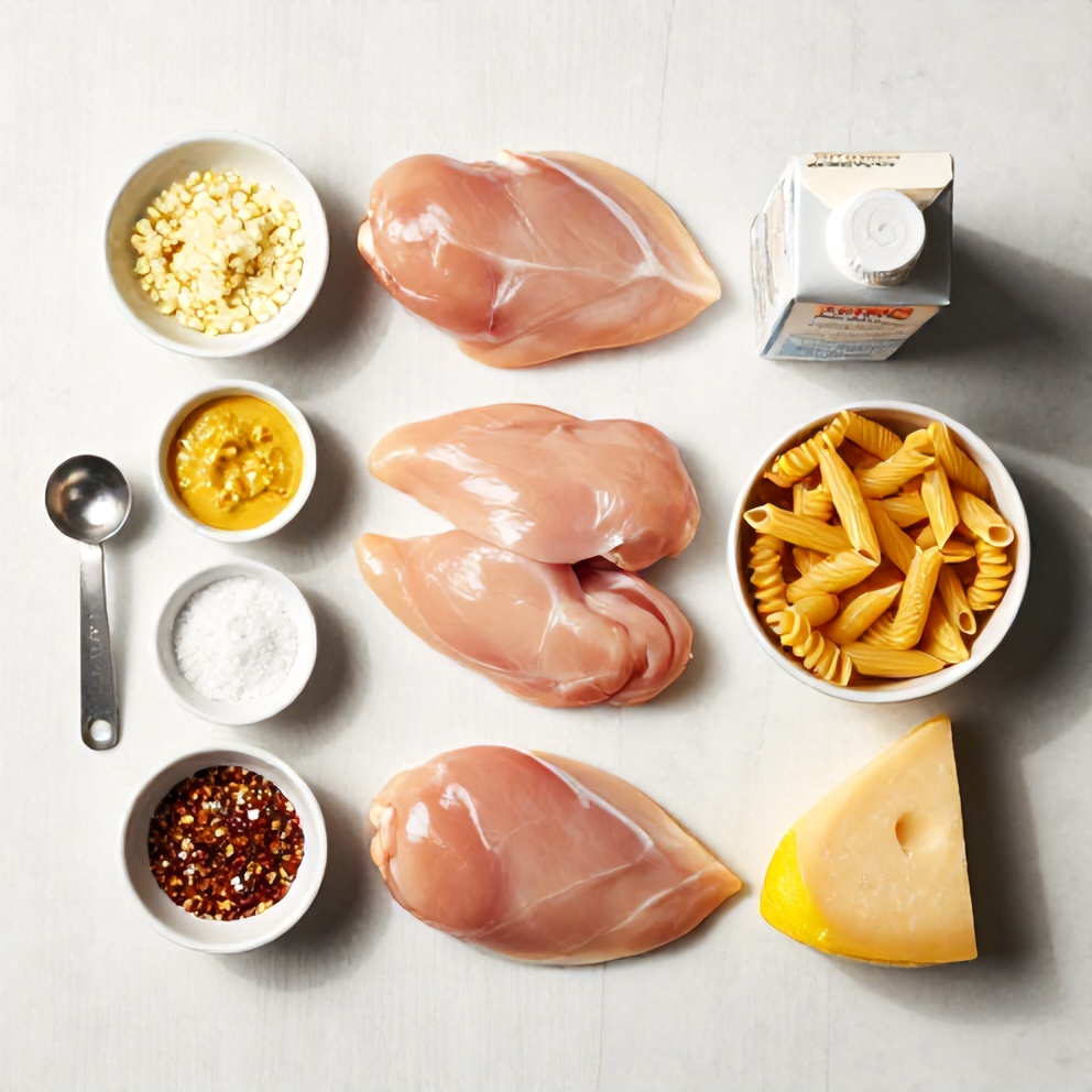 Raw ingredients for Creamy Lemon Chicken Pasta Bake including chicken breasts, pasta, heavy cream, and lemon