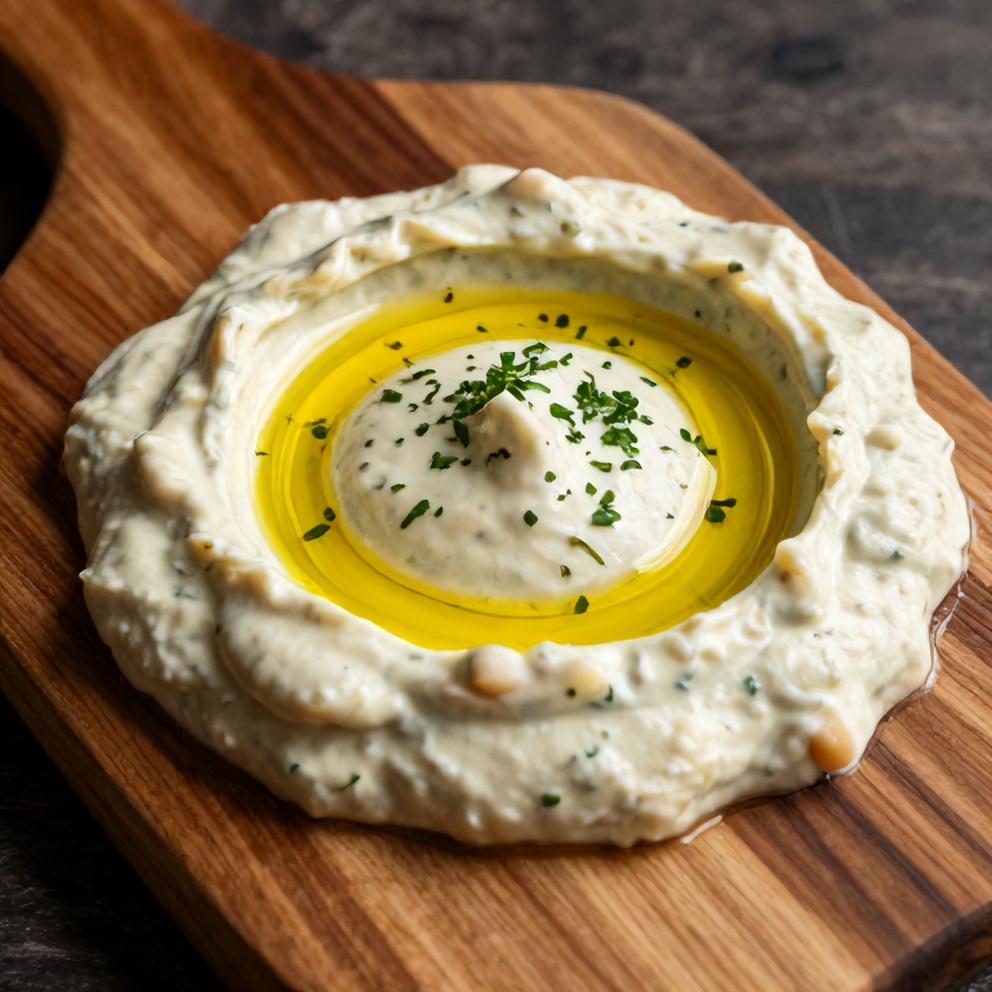 A perfect serving of creamy lemon herb white bean dip plated on a rustic wooden board, with a drizzle of olive oil and a sprinkle of fresh herbs on top.