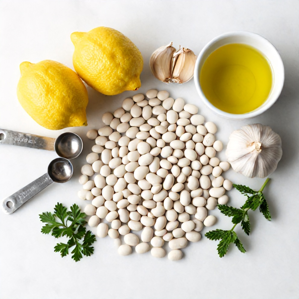 White beans, lemon, garlic, olive oil, and fresh herbs arranged in a flat lay on a white marble surface, with measuring spoons and a bowl visible.