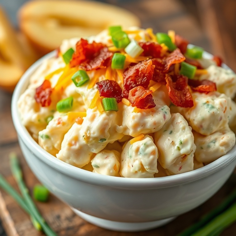 Loaded baked potato salad in a white bowl with crispy bacon, cheddar, and green onions on top