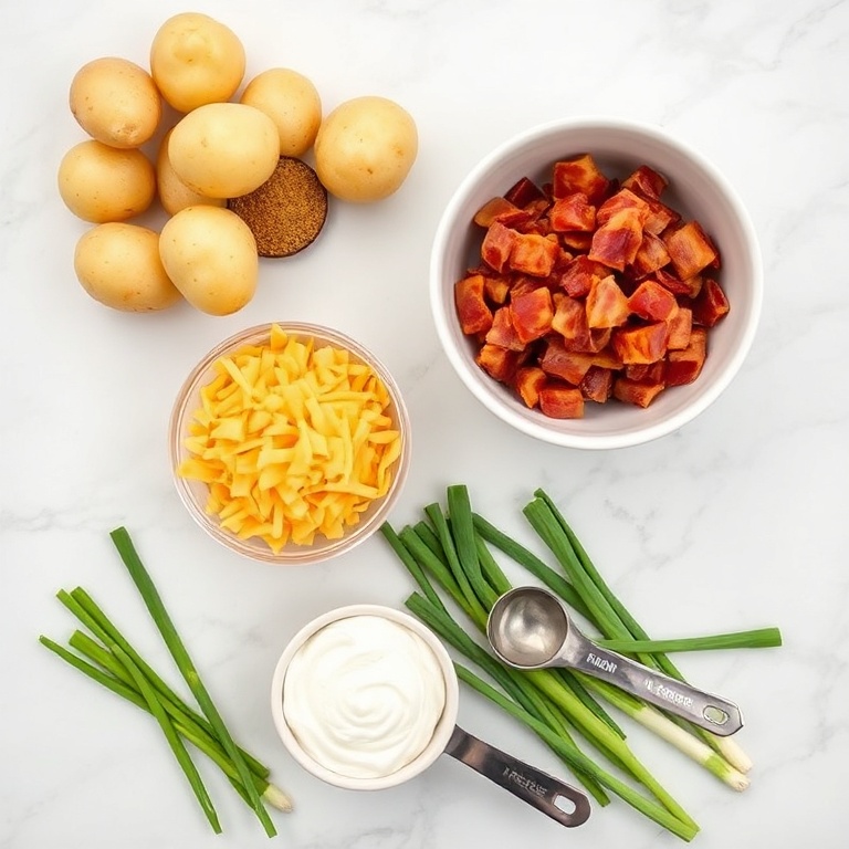 Potatoes, bacon, cheddar cheese, sour cream, green onions, and paprika arranged in a flat lay
