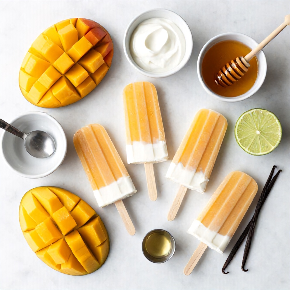 Raw ingredients for Mango Greek Yogurt Popsicles on a marble surface