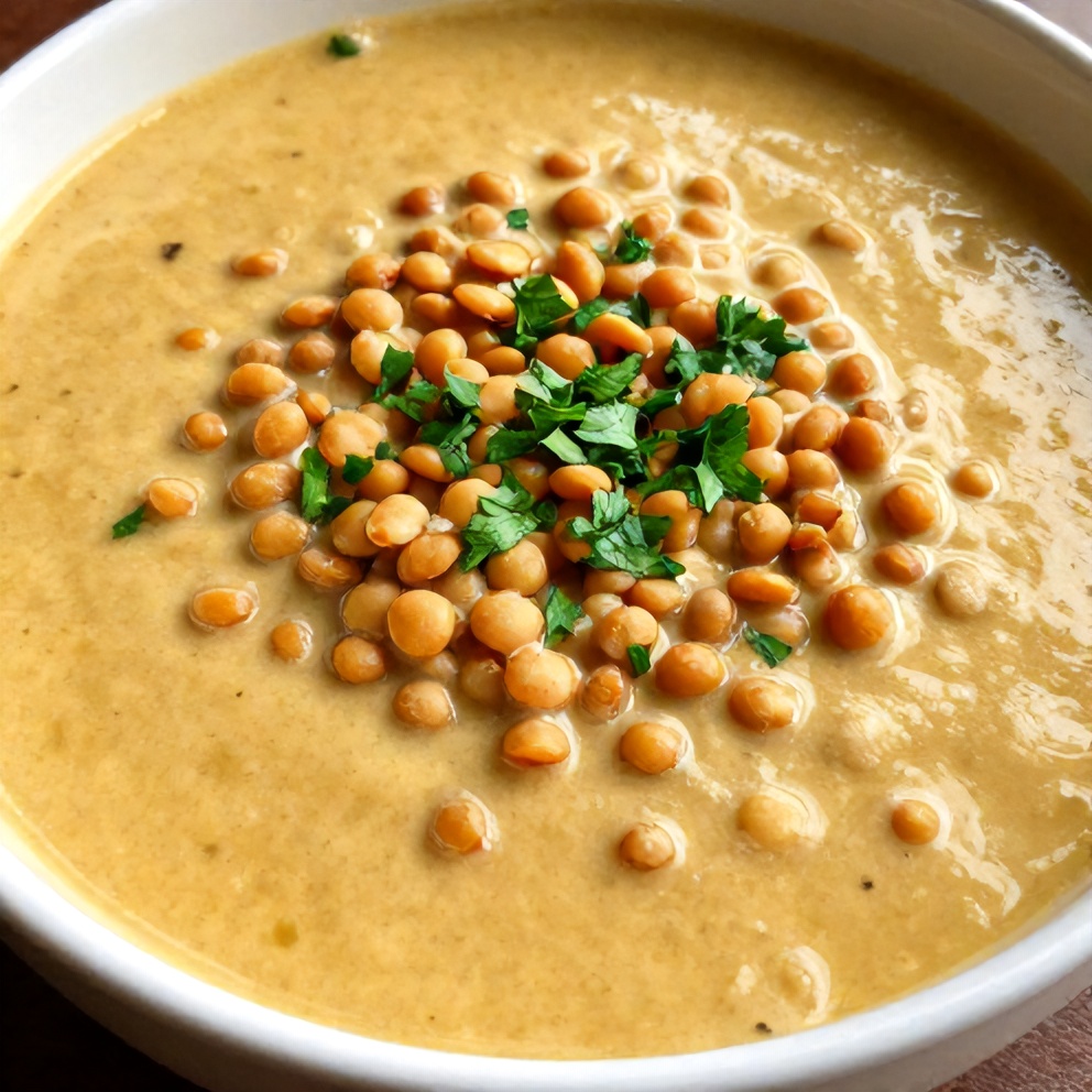 Bowl of Creamy Moroccan Harissa Lentil Soup with a sprinkle of parsley