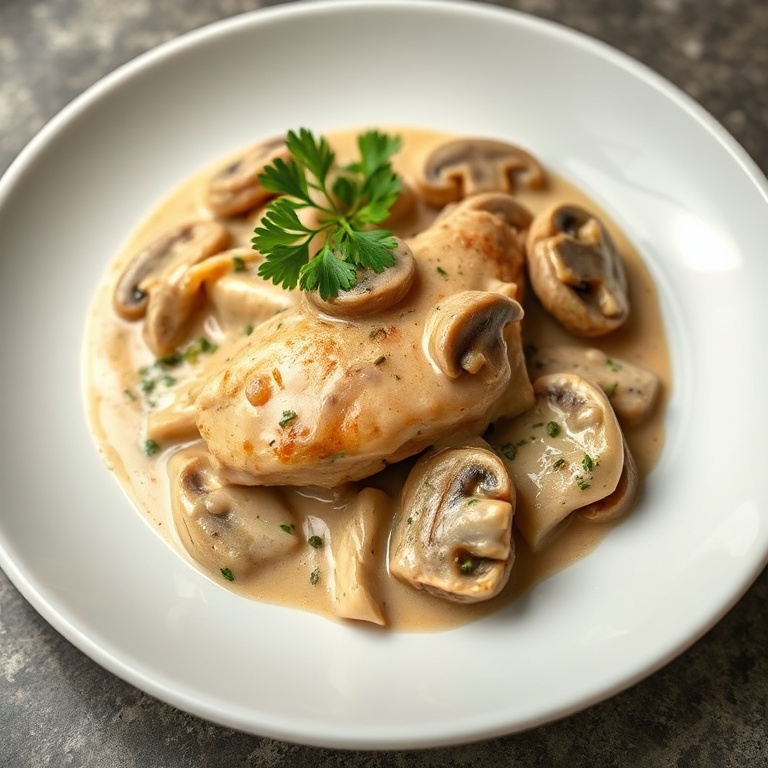 A perfectly plated serving of creamy mushroom chicken with a touch of fresh parsley. A white ceramic plate under soft lighting.