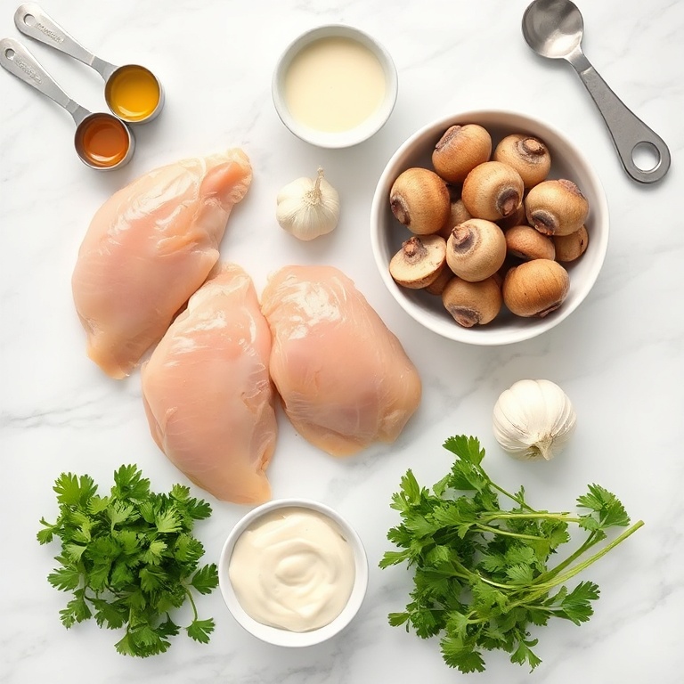 A flat lay of chicken breasts, mushrooms, garlic, cream of mushroom soup, and fresh parsley. Measuring spoons and a bowl visible.