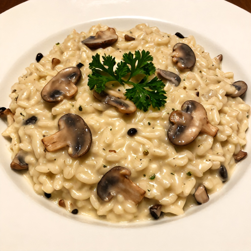 Plated Creamy Mushroom Risotto with parsley garnish