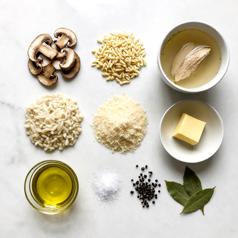 Raw ingredients for Creamy Mushroom Risotto on a marble surface
