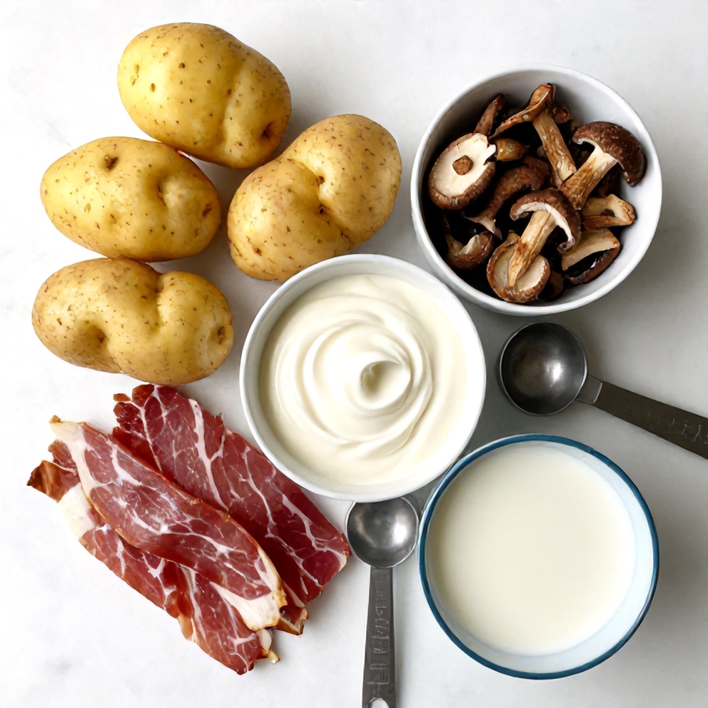 Raw ingredients for Pancetta Porcini Potato Gratin