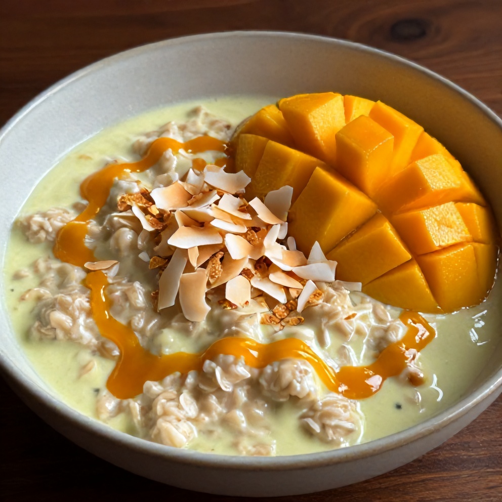 Creamy Pandan Coconut Overnight Oats with Mango Drizzle
