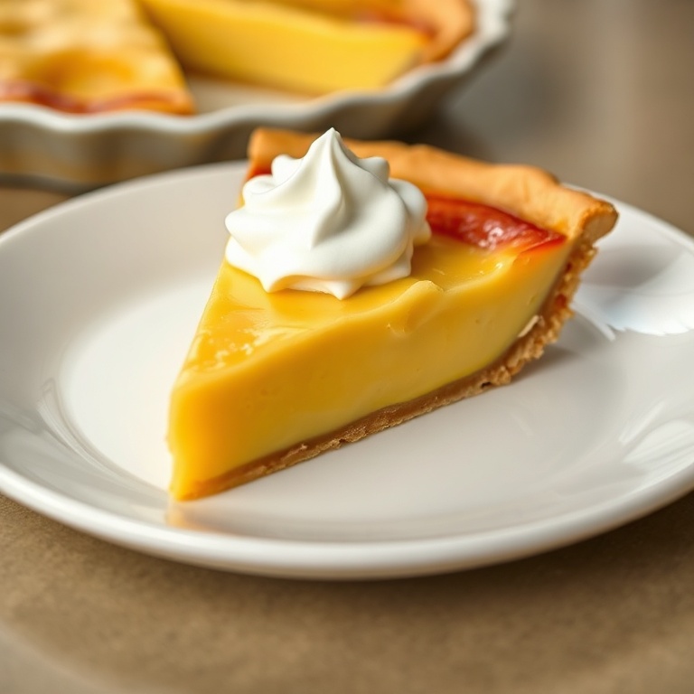 A slice of creamy peach custard pie with a dollop of whipped cream on a white plate