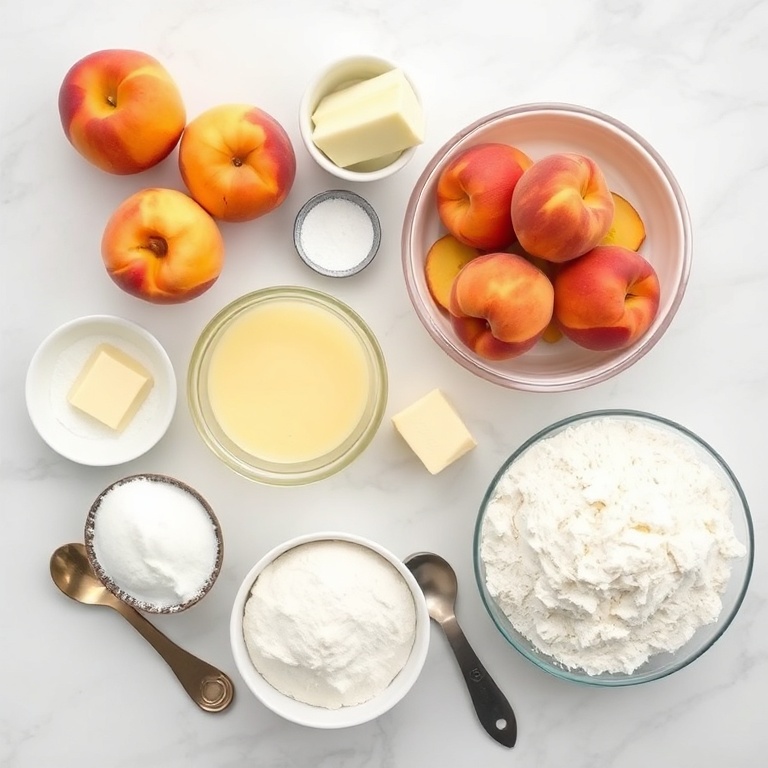 Raw ingredients for Creamy Peach Custard Pie including peaches, eggs, sugar, butter, and flour