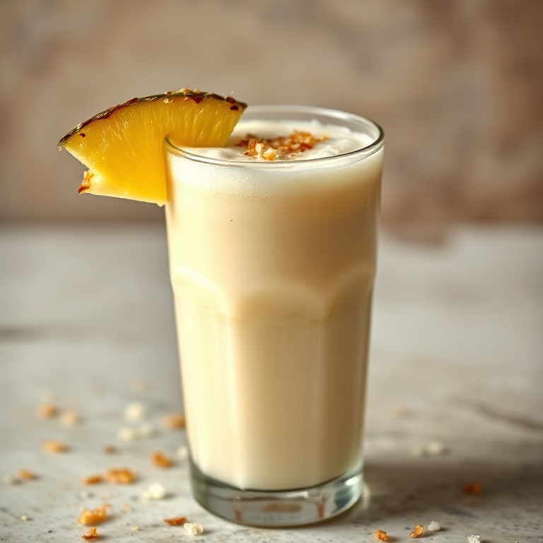A perfect serving of creamy pineapple coconut soda in a glass. A slice of pineapple and a small sprinkle of toasted coconut are on top. The glass is filled to the brim with a smooth, creamy texture. Warm lighting highlights the drink's richness.