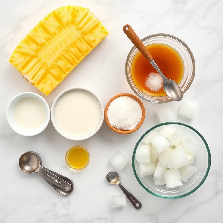 Overhead shot of all the ingredients for creamy pineapple coconut soda. Fresh pineapple, coconut milk, sugar, vanilla extract, and ice. Measuring spoons and a mixing bowl are visible. The ingredients are laid out on a white marble surface with even lighting.