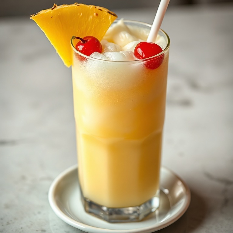 One cold glass of creamy pineapple party soda garnished with a cherry and pineapple wedge, served in a clear tumbler on a white plate.