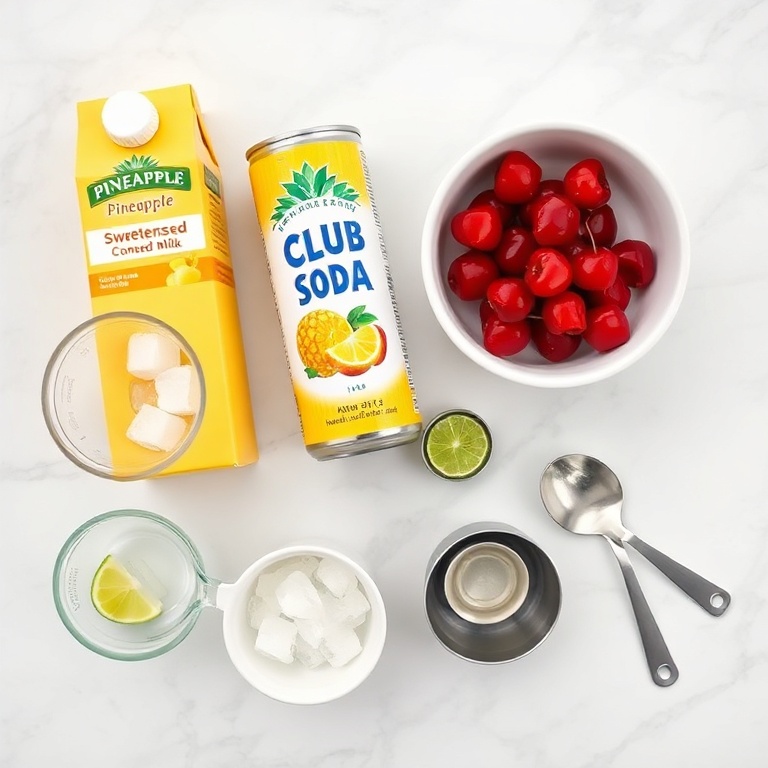 Overhead of pineapple juice, club soda, sweetened condensed milk, ice cubes, maraschino cherries, measuring cups, and a citrus wedge on white marble.