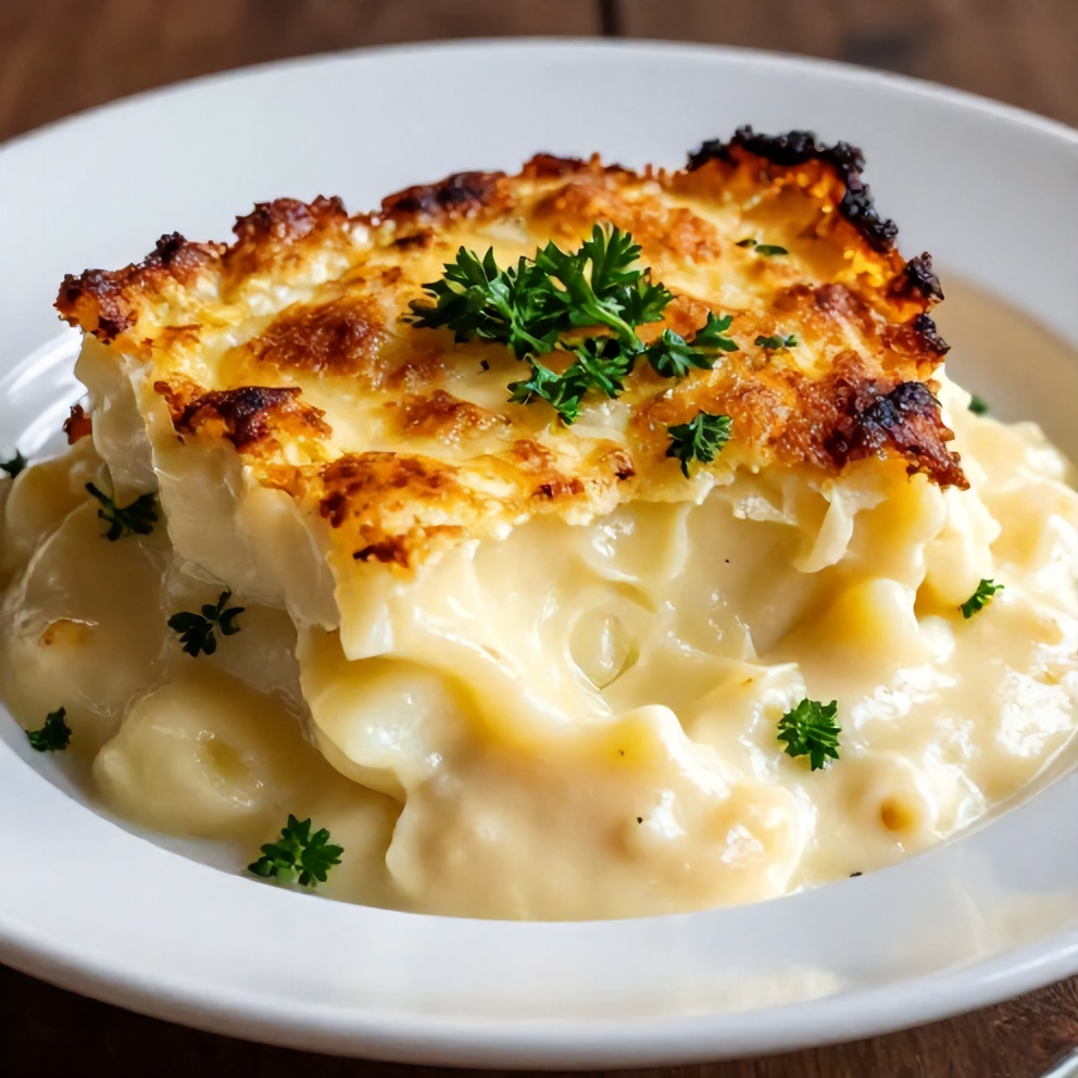One serving of creamy potato gratin plated with fresh parsley
